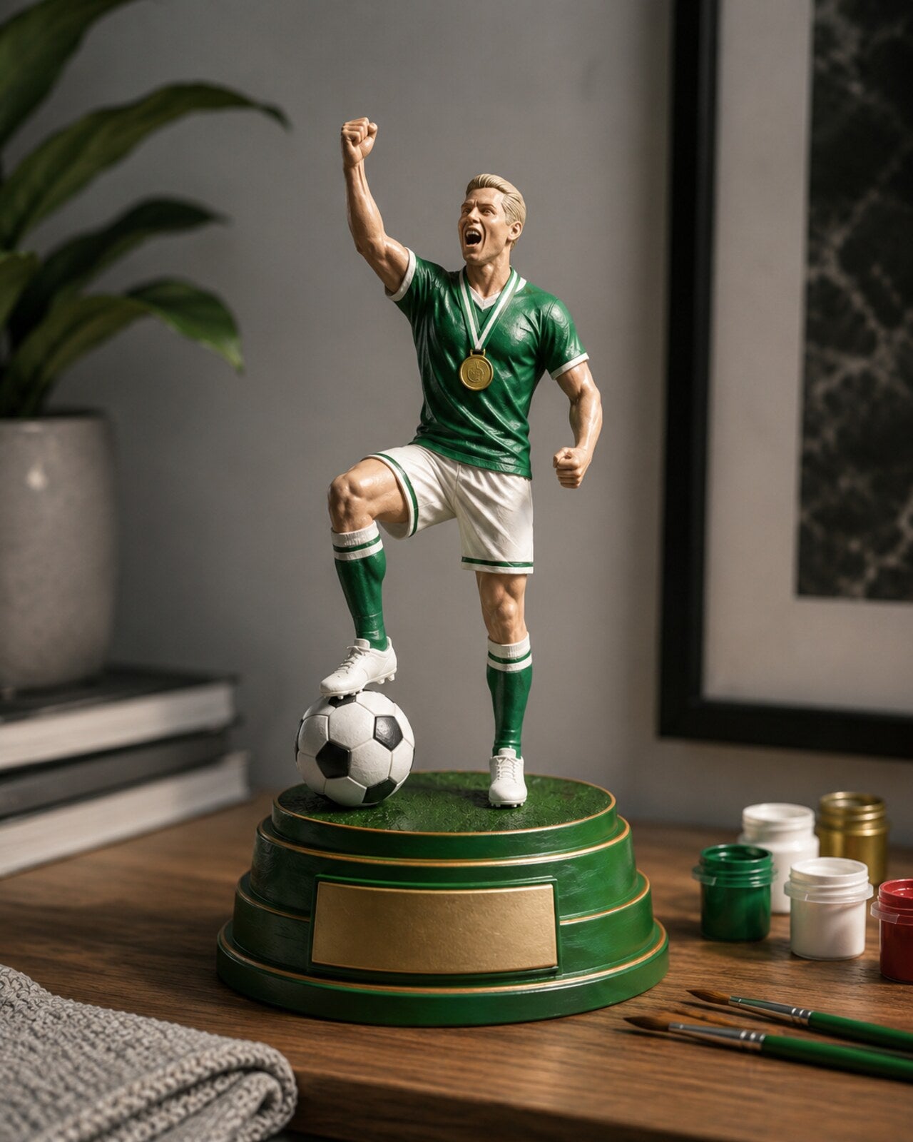 Hand-painted football statue on a shelf beside paint pots and brushes