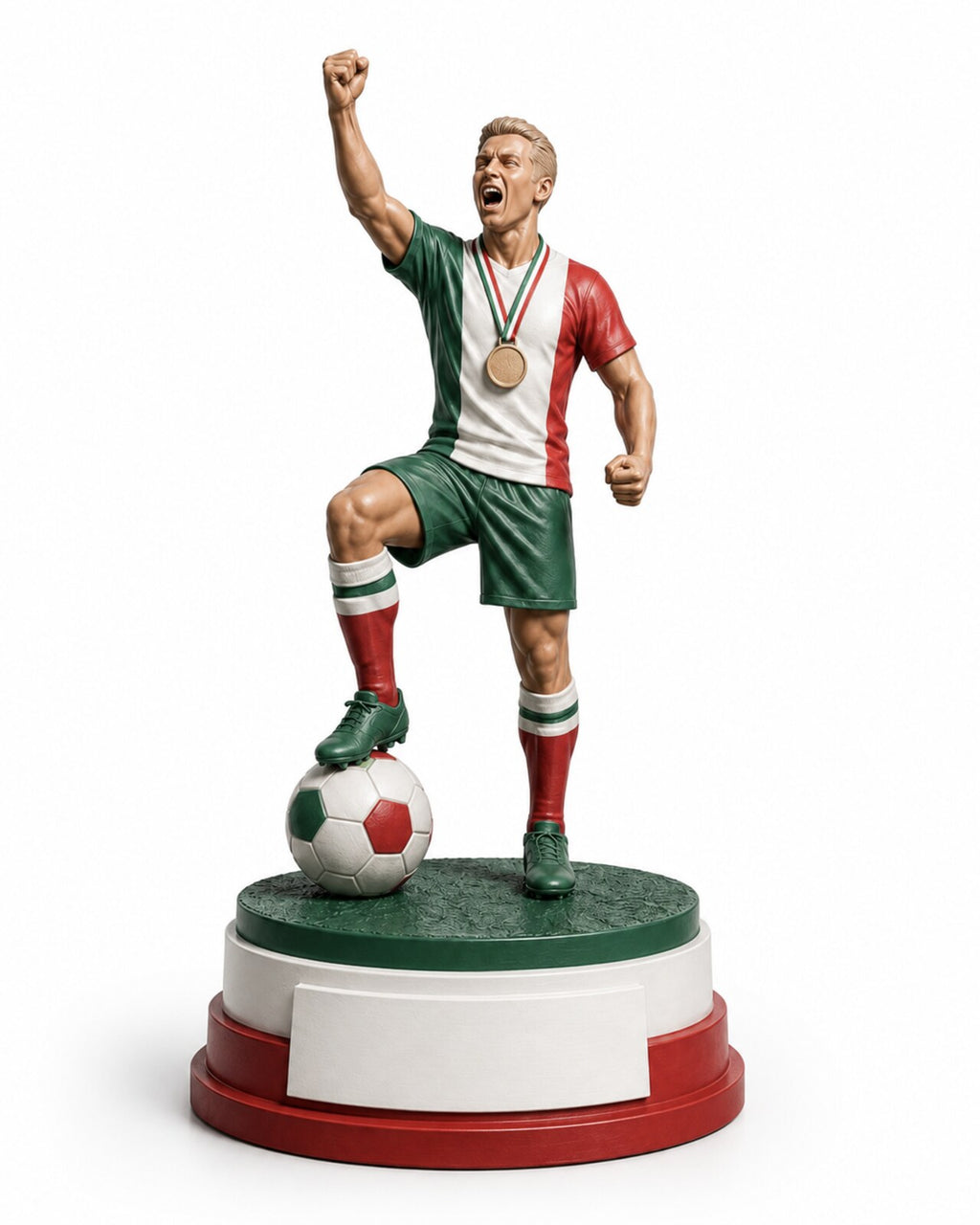 Champion football statue hand-painted in green, white and red national colours