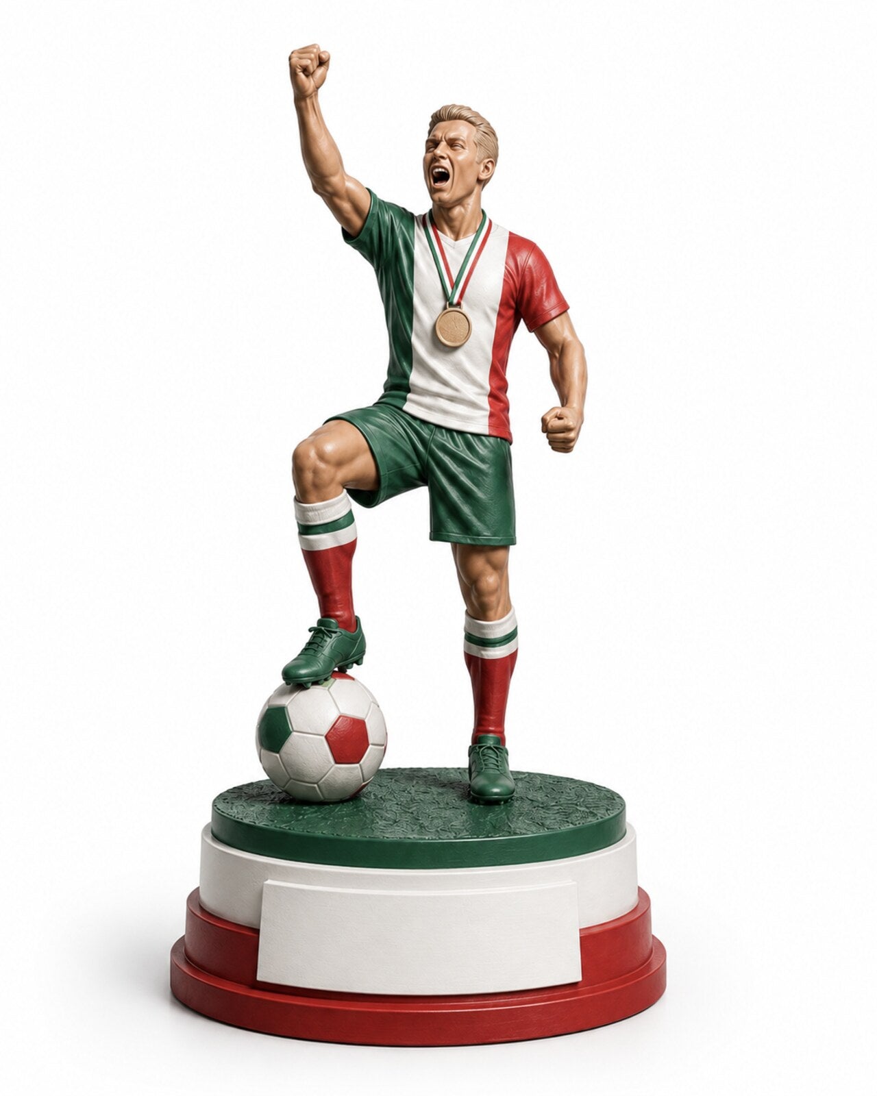 Champion football statue hand-painted in green, white and red national colours