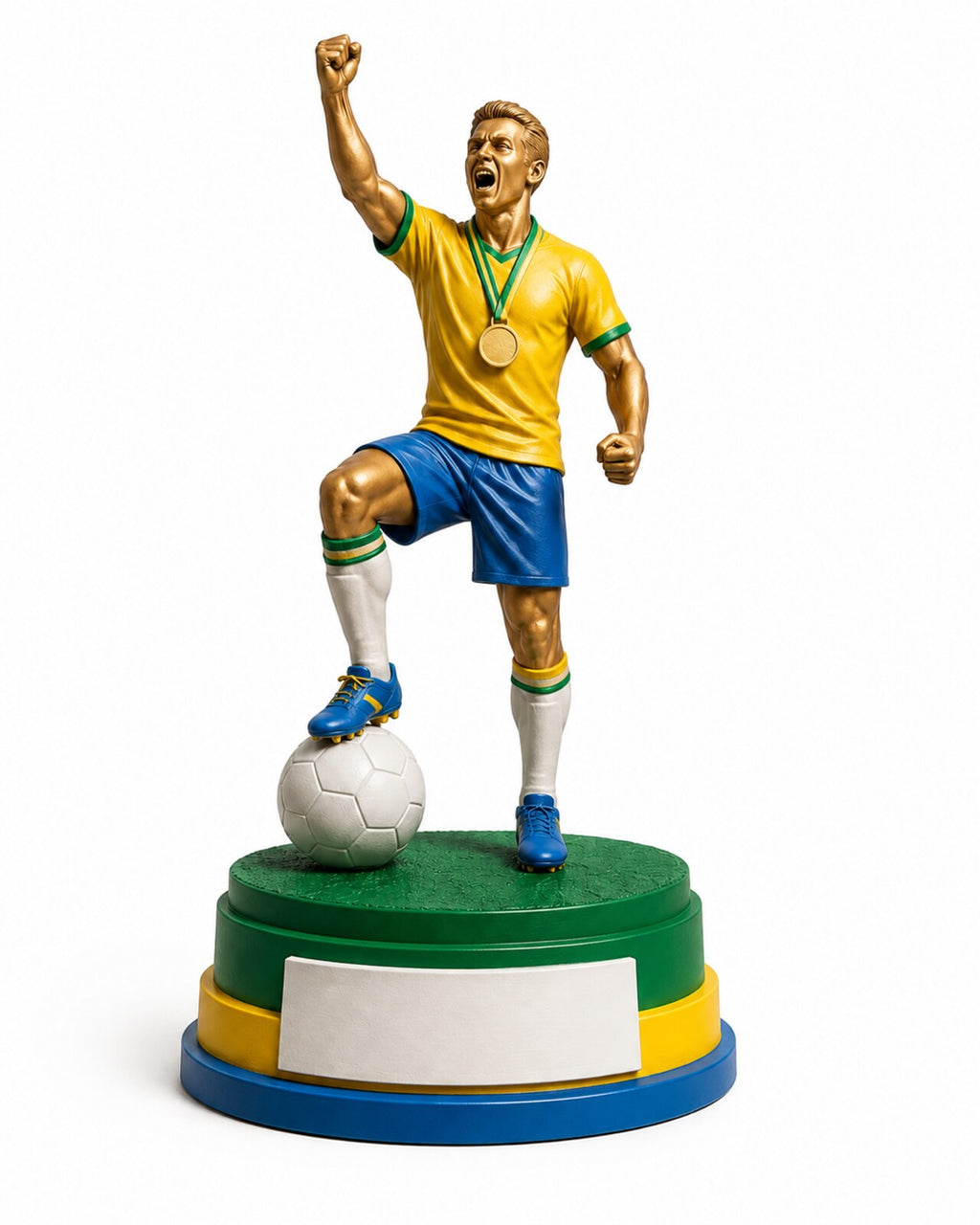 Champion football statue hand-painted in yellow, green and blue national colours