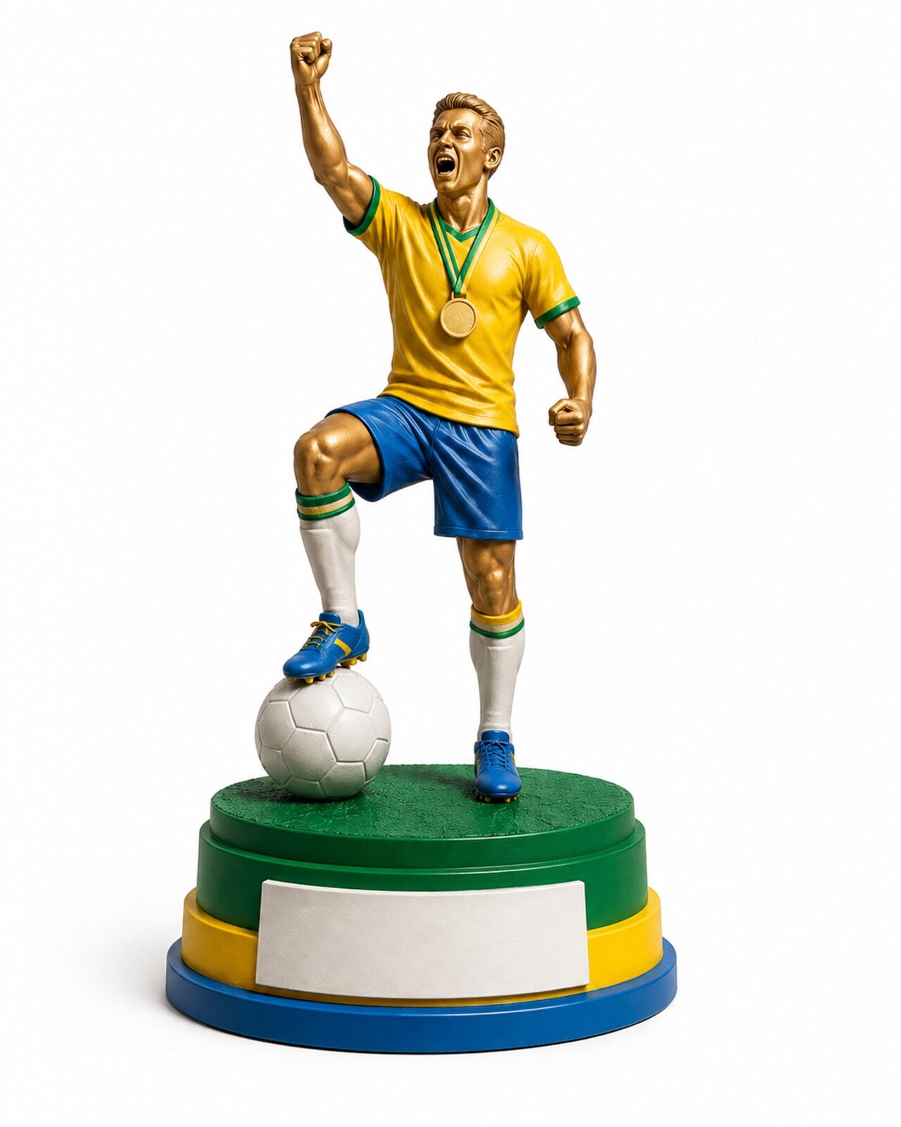 Champion football statue hand-painted in yellow, green and blue national colours