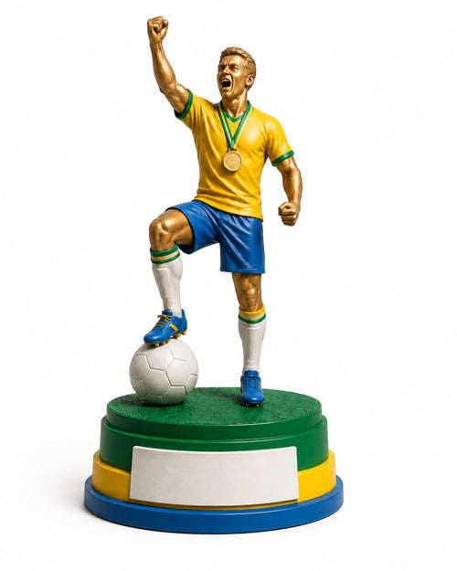 Champion football statue hand-painted in yellow, green and blue national colours