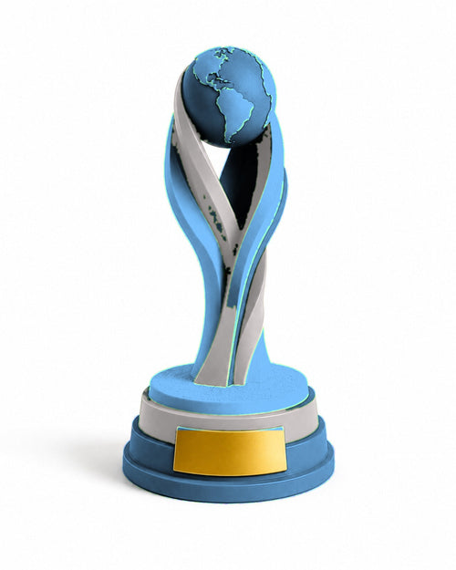 Paintable football trophy shown in Argentina colours for today's match