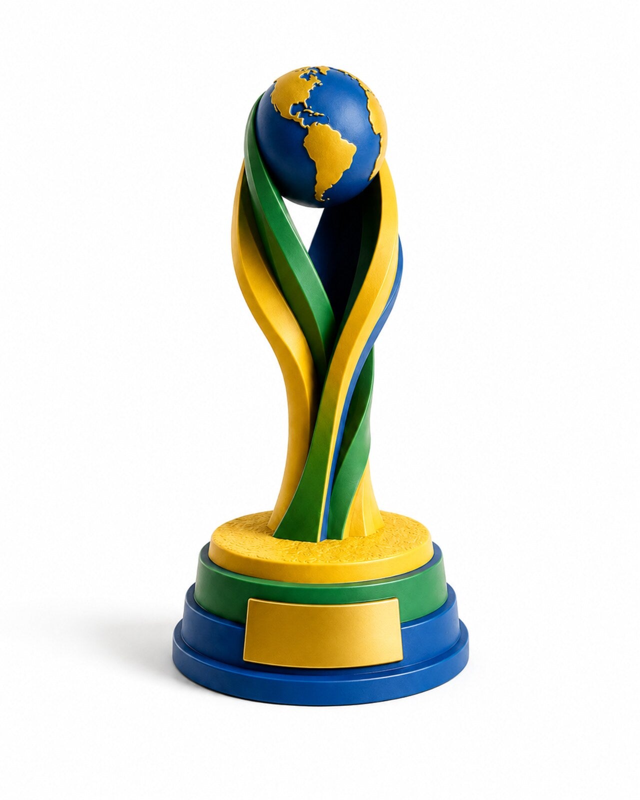 Football trophy painted in yellow, green and blue national colours