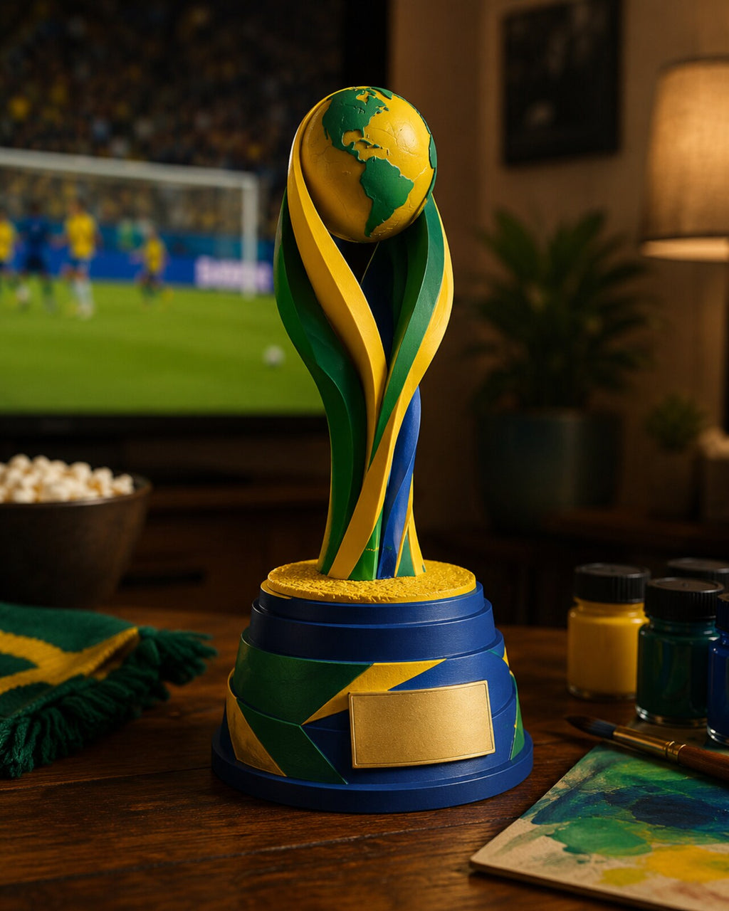 Painted football trophy on display at a watch party