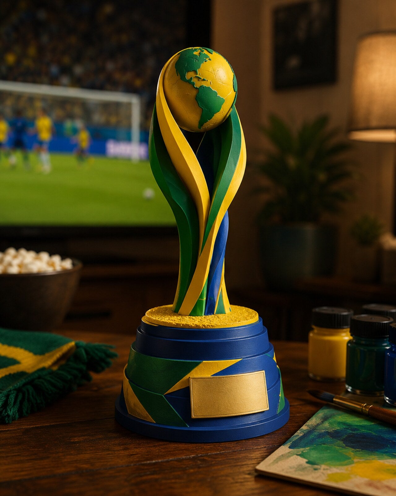 Painted football trophy on display at a watch party